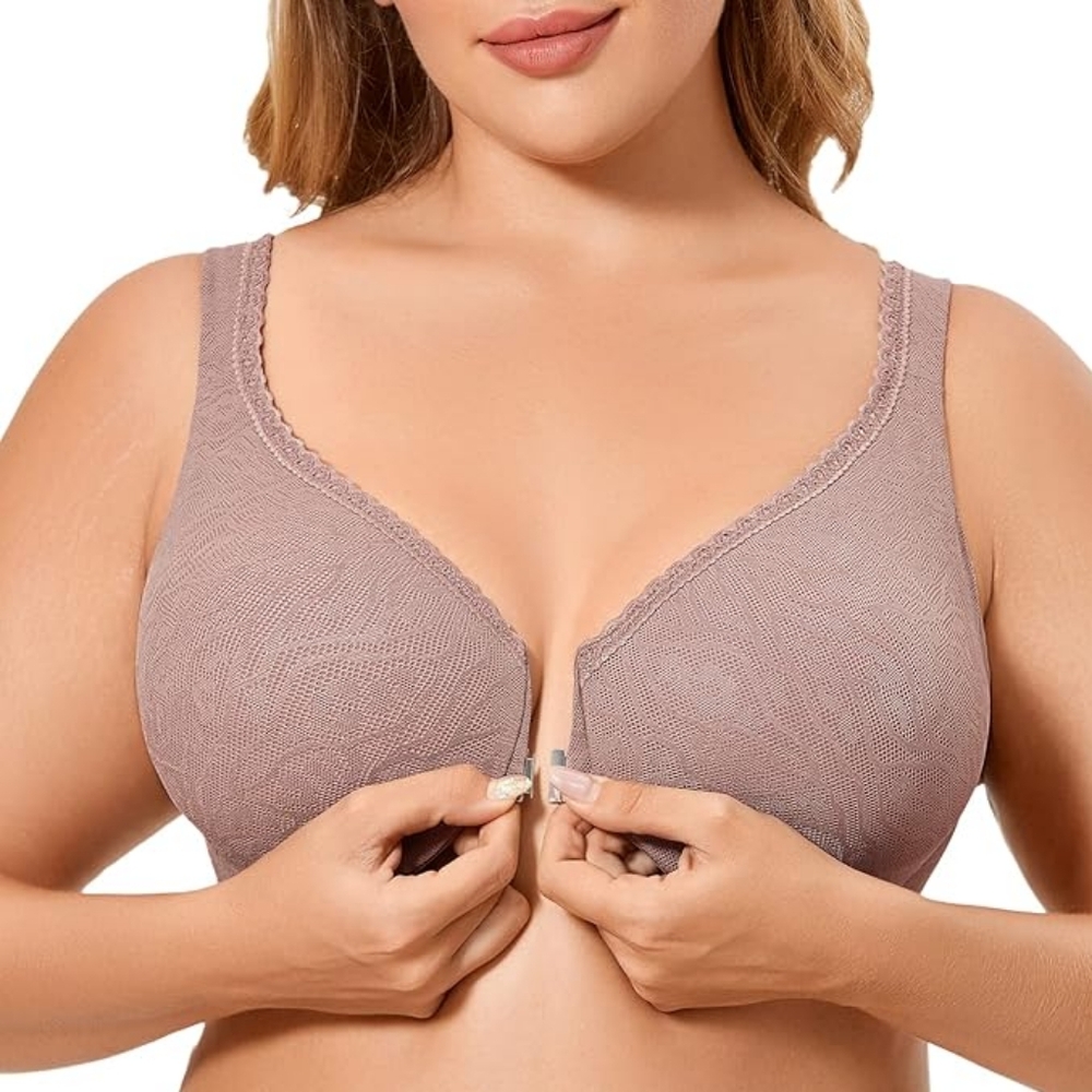 DELIMIRA Women's Front Closure Lace Bra Full Coverage Underwire Mochaccino 34D